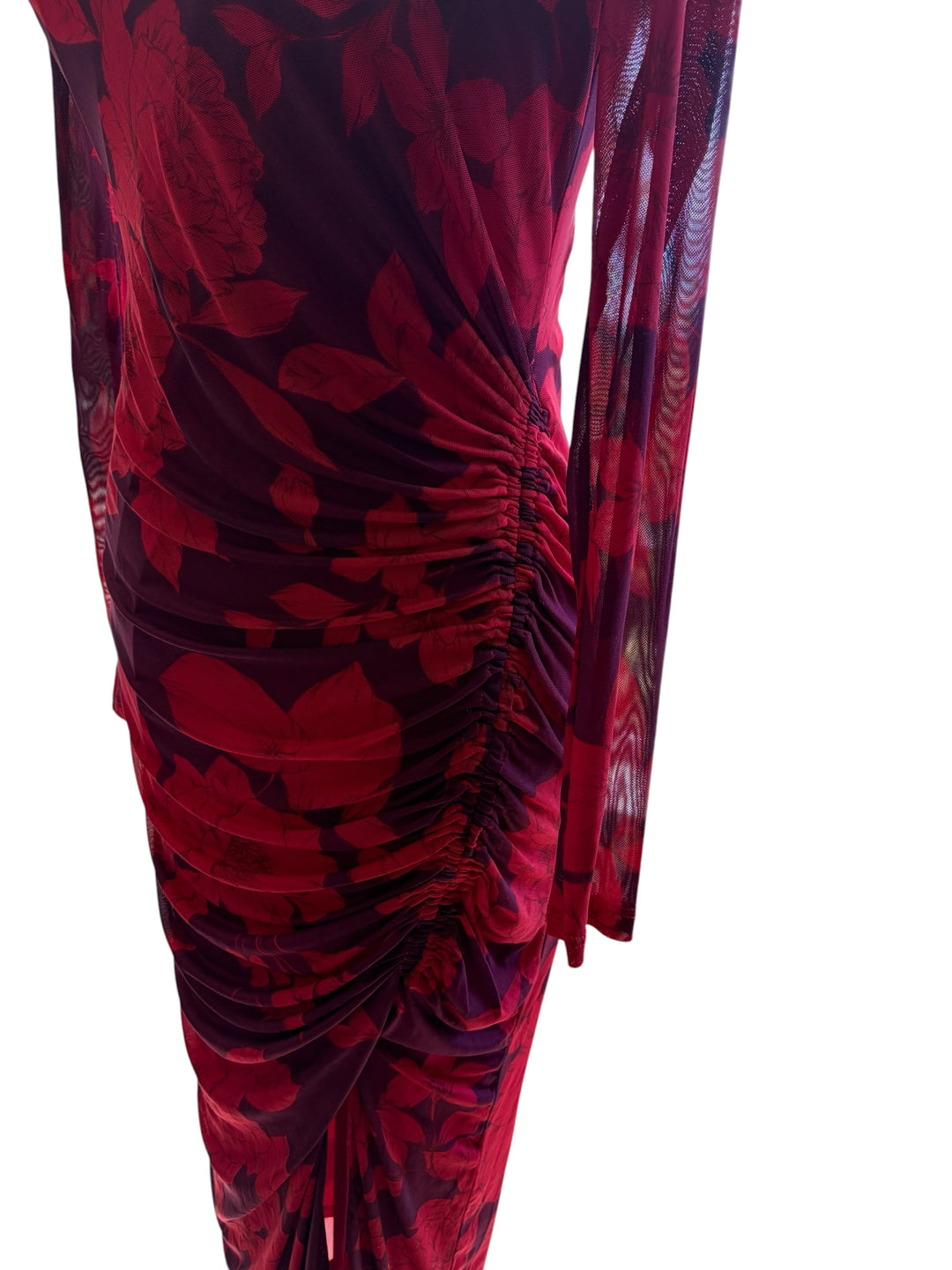 Taylor Women’s Purple/Red Long Sleeve Ruched Maxi Foral Dress, Size 4