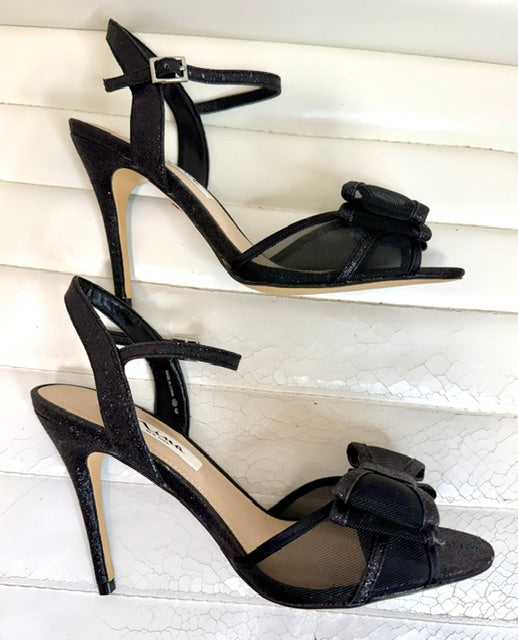 Nina Black Mesh Glitter Bow Heeled Sandals Sz7