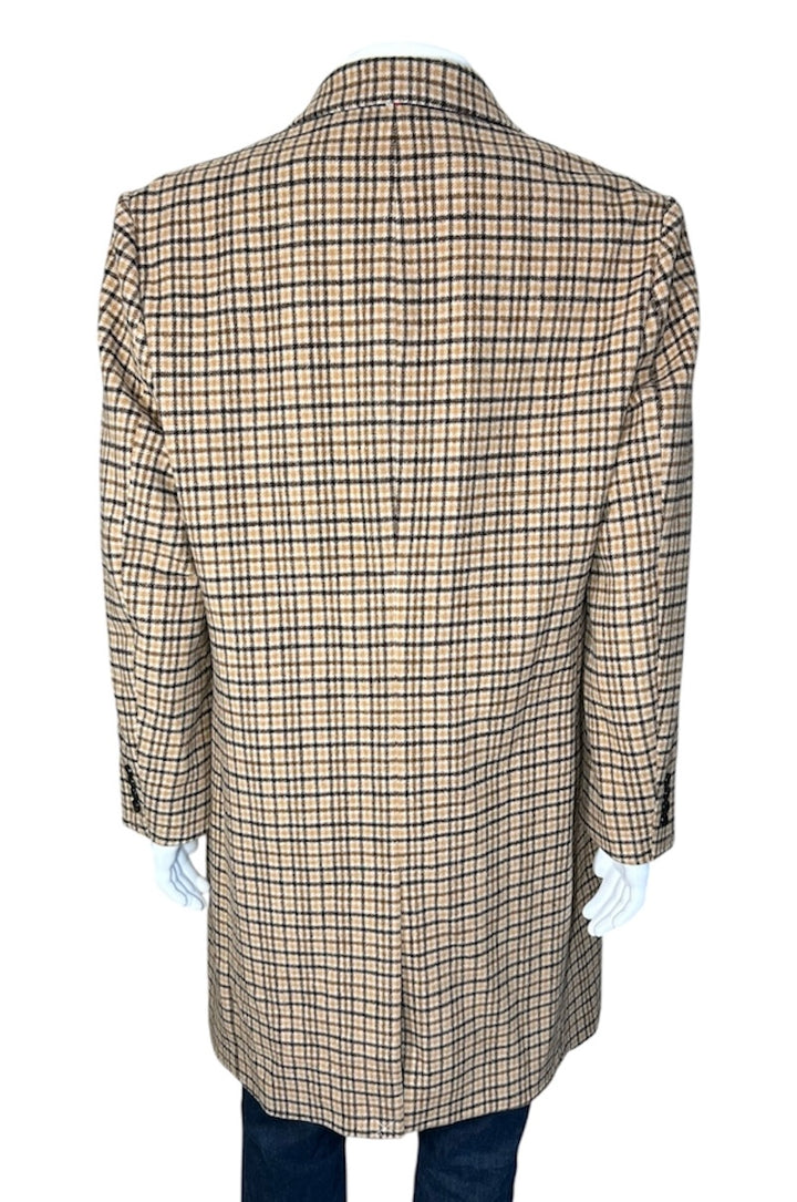 Tommy Hilfiger Men’s Size 46L Brown Beige Wool Blend Plaid Overcoat Topcoat