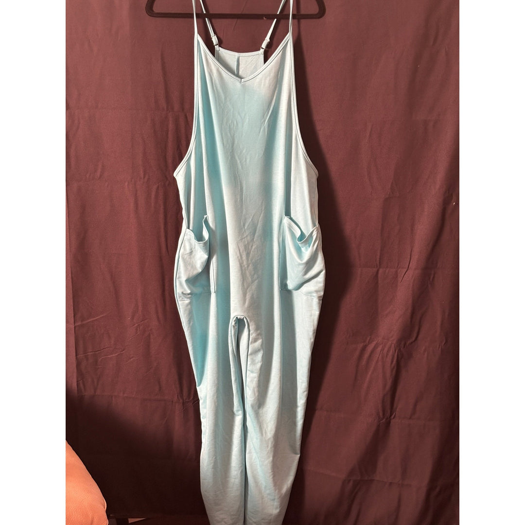 Womens Light Blue Adjustable Strap Jumpsuit With Pockets