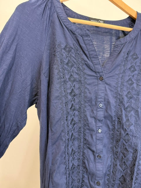 RXB Embroidered Mixed Media Tunic Blouse Roll Tab Sleeves SzL