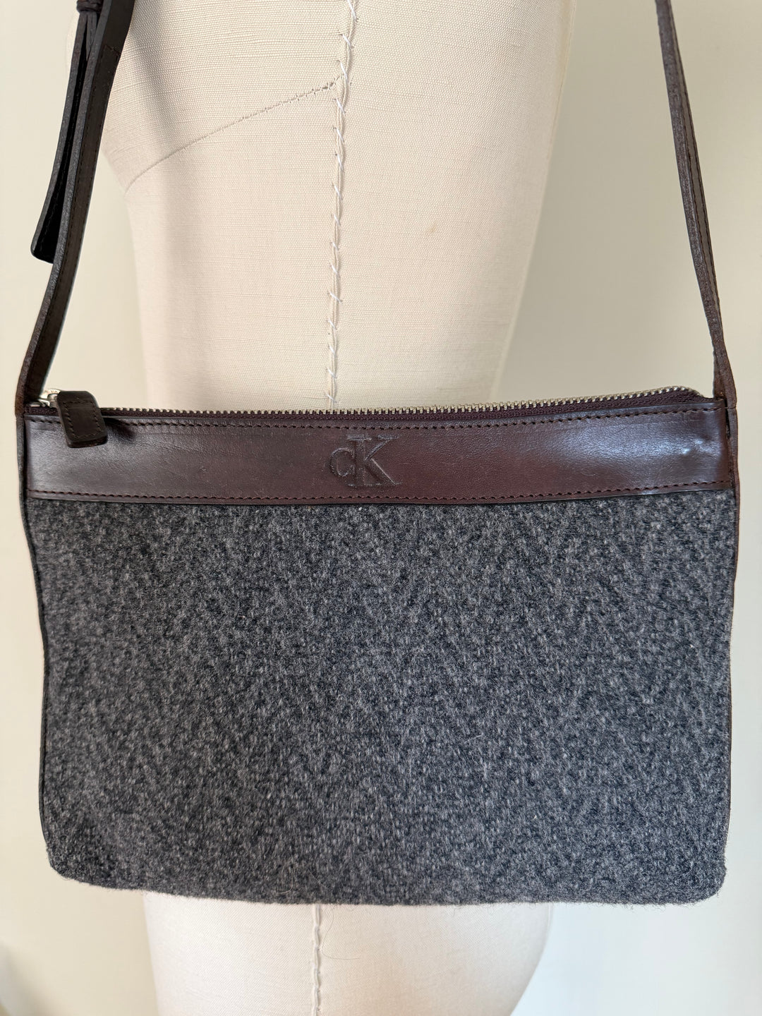 Vintage Late 1990s Calvin Klein Sample Wool Felt &amp; Leather Shoulder Bag