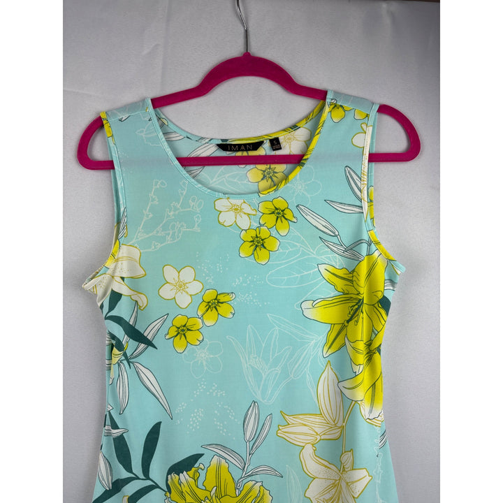 Iman Womens Sleeveless Floral Tank Top Size S Light Blue & Yellow Polyester/Spandex