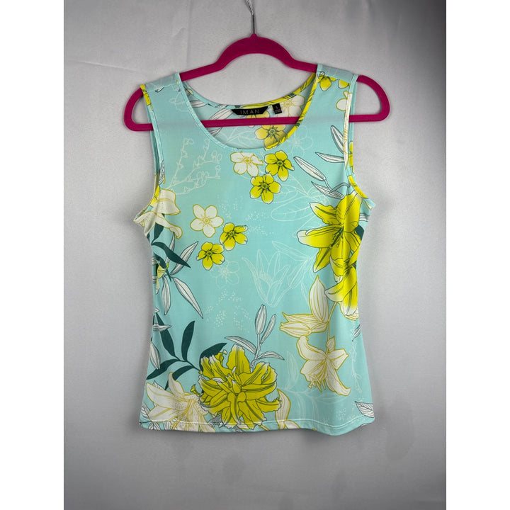 Iman Womens Sleeveless Floral Tank Top Size S Light Blue & Yellow Polyester/Spandex