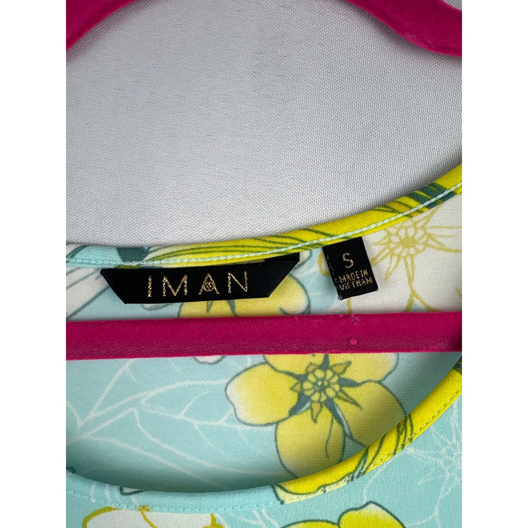 Iman Womens Sleeveless Floral Tank Top Size S Light Blue & Yellow Polyester/Spandex