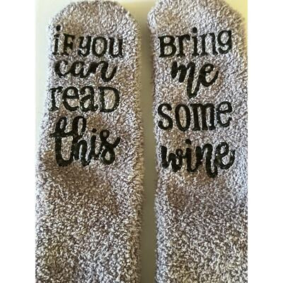 Fuzzy Purple Novelty Socks With "Bring Me Some Wine" & "If You Can Read This" Text Footwear Gift Idea