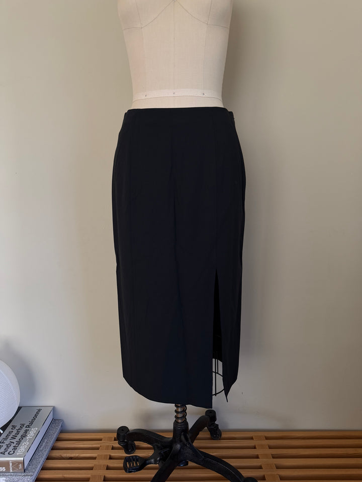 Christian Dior Boutique Black Wool Midi Pencil Skirt Side Slit Made in France FR 38