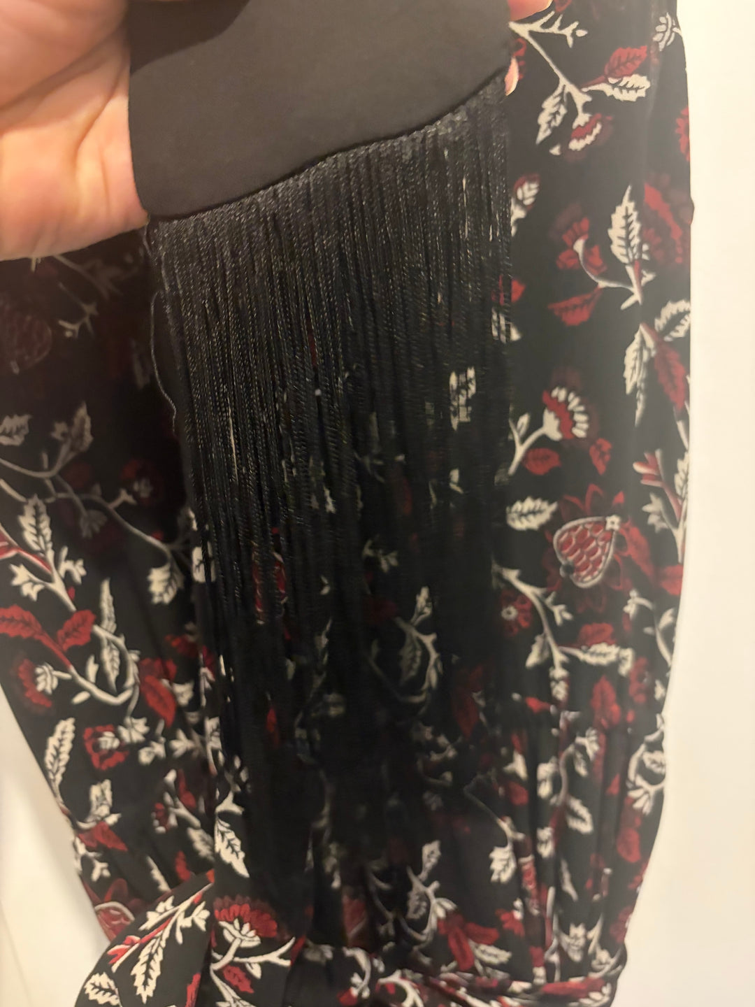 Michael Kors Black Burgundy Floral Maxi Dress S Fringe Tie Dark Academia