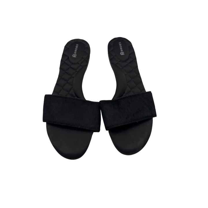 Women’s Birdies Size 6 Black Fur & Satin Slip On Sandals