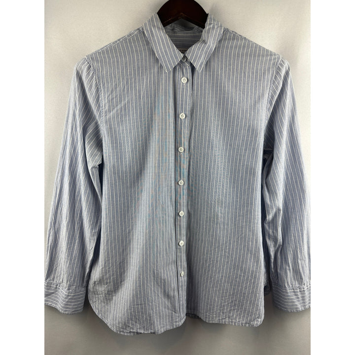 Women’s Equipment Femme Blue and White Striped Dress Shirt Size L