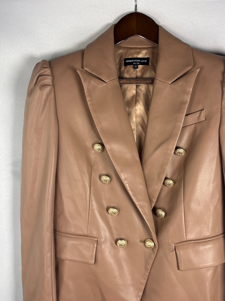 Women Brown Generation Love Faux Leather Double Breasted Blazer