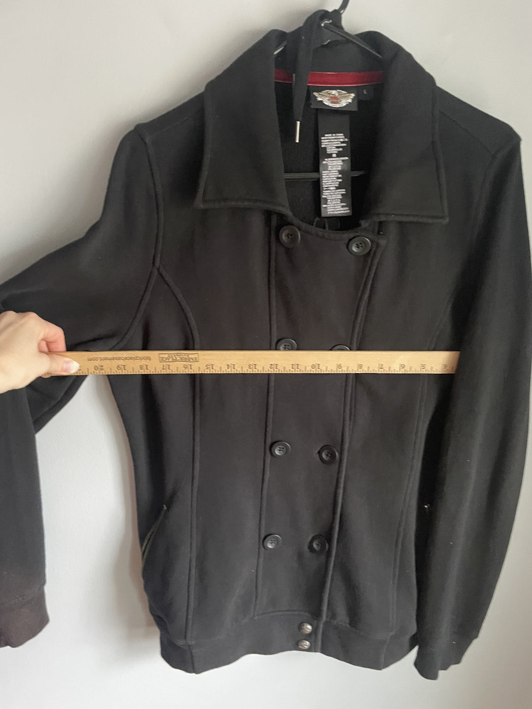 Harley Davidson Womens L Black Double Breasted Jacket Detachable Sherpa Hood Peacoat