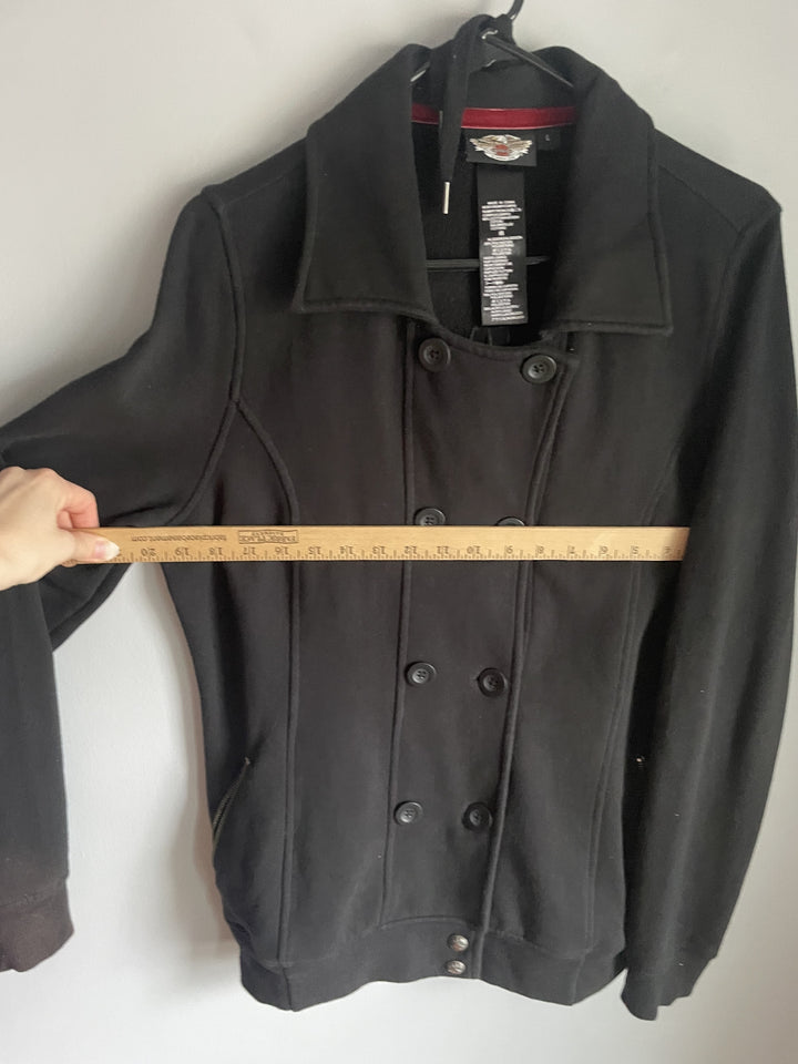Harley Davidson Womens L Black Double Breasted Jacket Detachable Sherpa Hood Peacoat