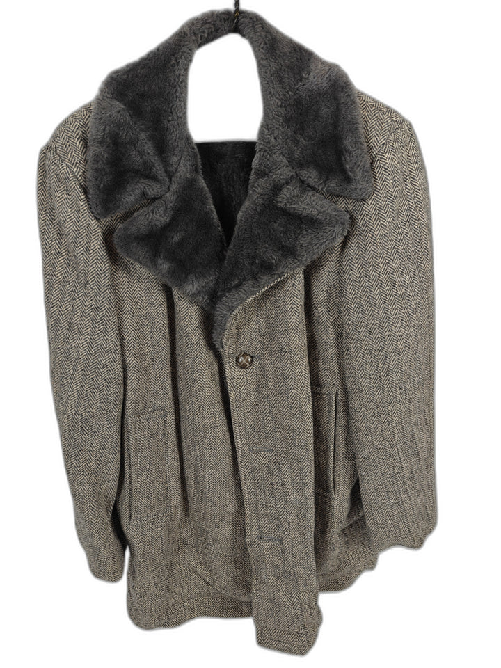 Mens Aberdeen Herringbone Tweed Coat Gray Brown Faux Fur Collar Size Unknown