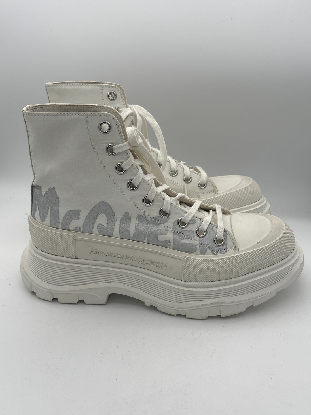 Women Alexander McQueen White Platform Sneakers With Silver Print Size 10