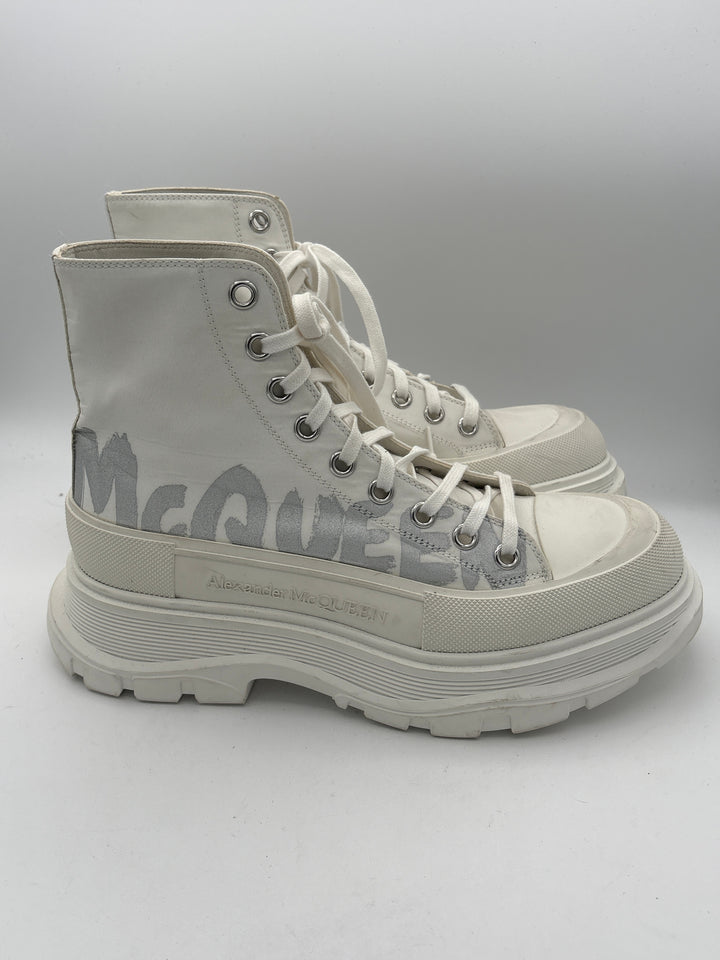Women Alexander McQueen White Platform Sneakers With Silver Print Size 10
