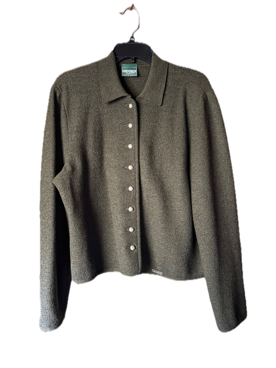 Vintage GEIGER Austria Wool Cardigan Jacket Loden Green Collared Boxy L