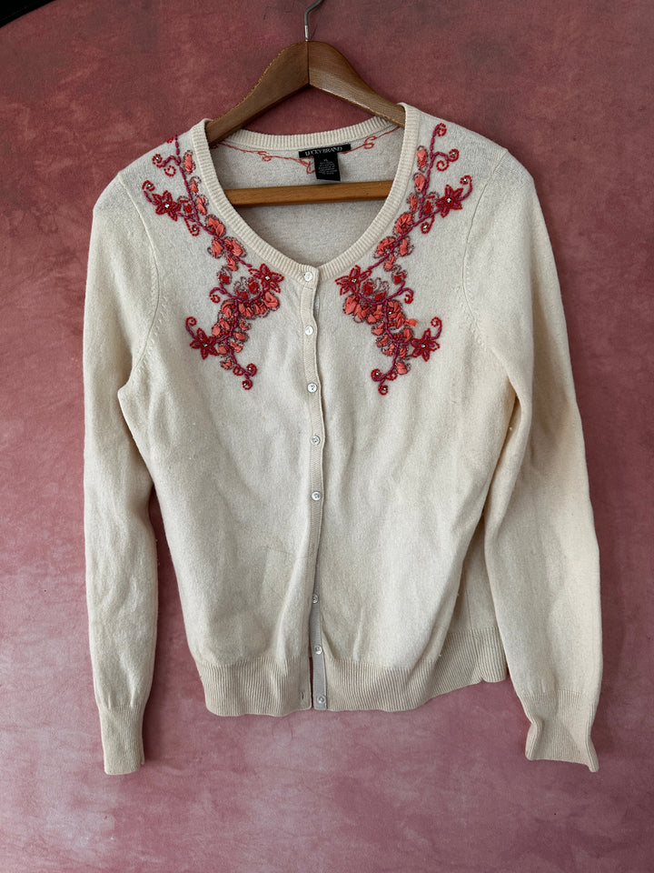 Lucky Brand Ivory Floral Embroidered Beaded Wool Cardigan Sweater