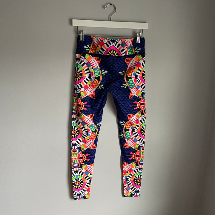 Mara Hoffman Navy Blue Boho Neon Printed Yoga Pilates Eye Workout Leggings Sz S