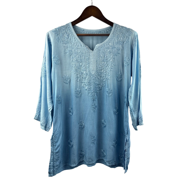 Women’s Classikari XL Blue Ombré 3/4 Length Sleeve Blouse w/ Floral Embroidery