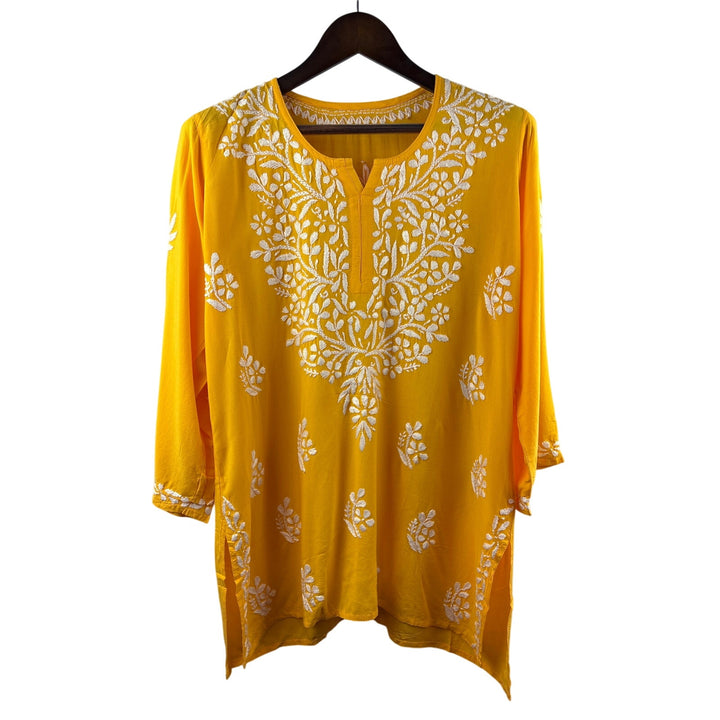 Women’s Handmade XL Orange Long Sleeve Blouse w/ White Embroidery
