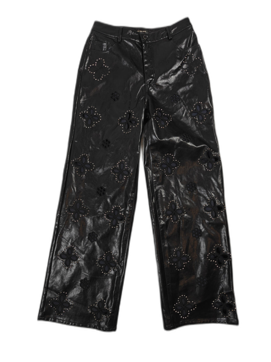 Womens The Noli Shop Faux Leather Floral Studded Pants Black Size 31