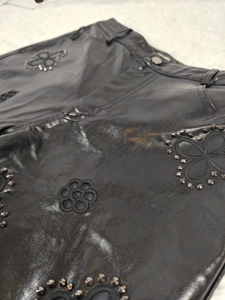 Womens The Noli Shop Faux Leather Floral Studded Pants Black Size 31
