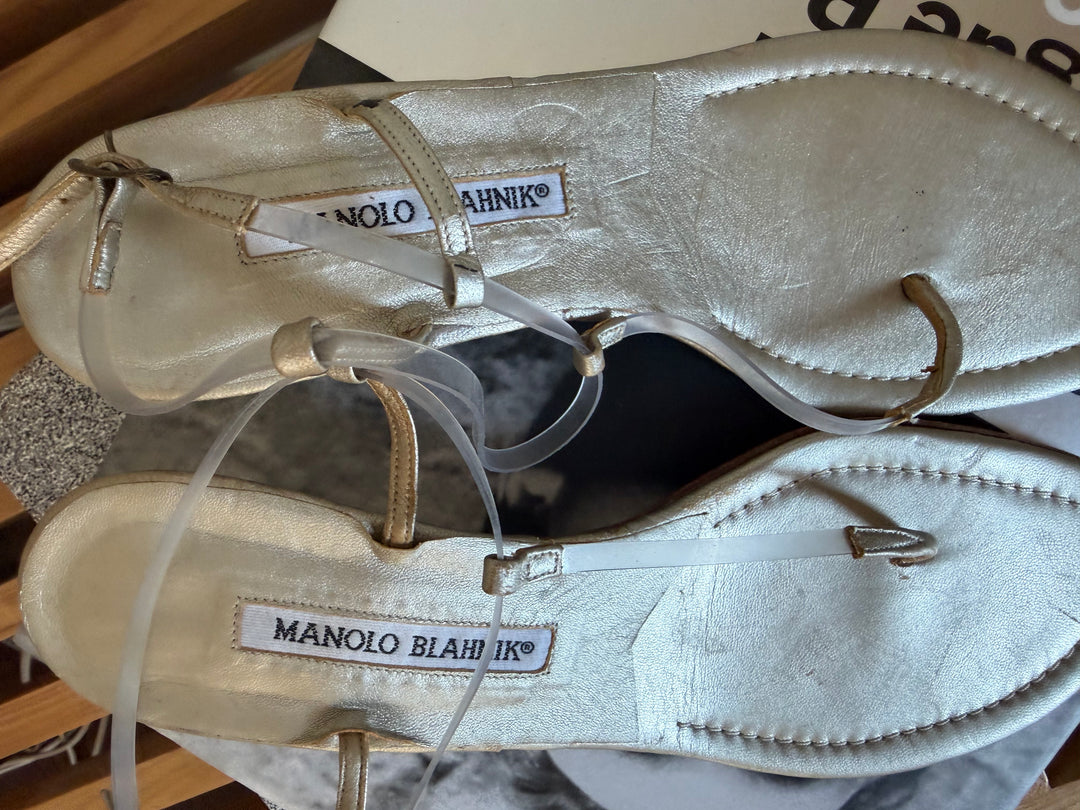 Vintage Manolo Blahnik Metallic Silver PVC Kitten Heel Sandals Size 37