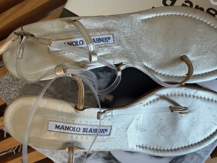 Vintage Manolo Blahnik Metallic Silver PVC Kitten Heel Sandals Size 37