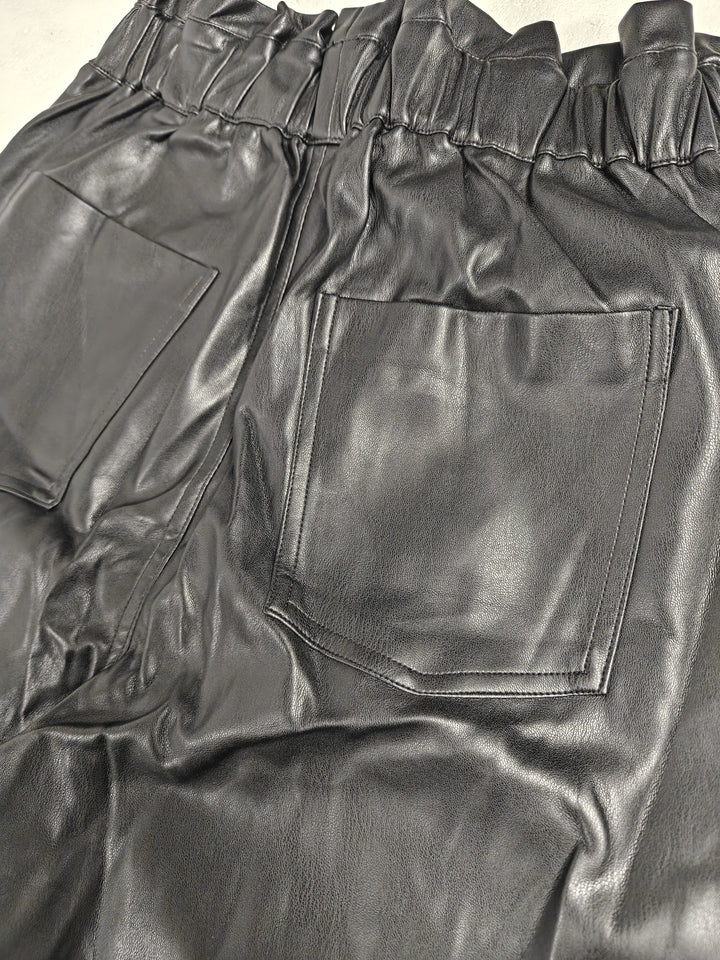 Women Vintage Havana Faux Leather Jogger Pants Black Size Large