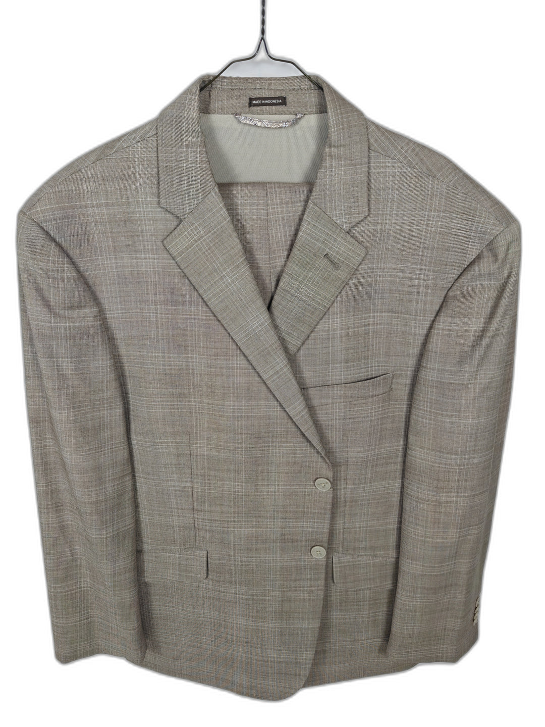 Joseph Abboud Men's Tan Windowpane Plaid Suit 2-Piece Set Size 48 Short Beige Wool Blend Jacket & Pants