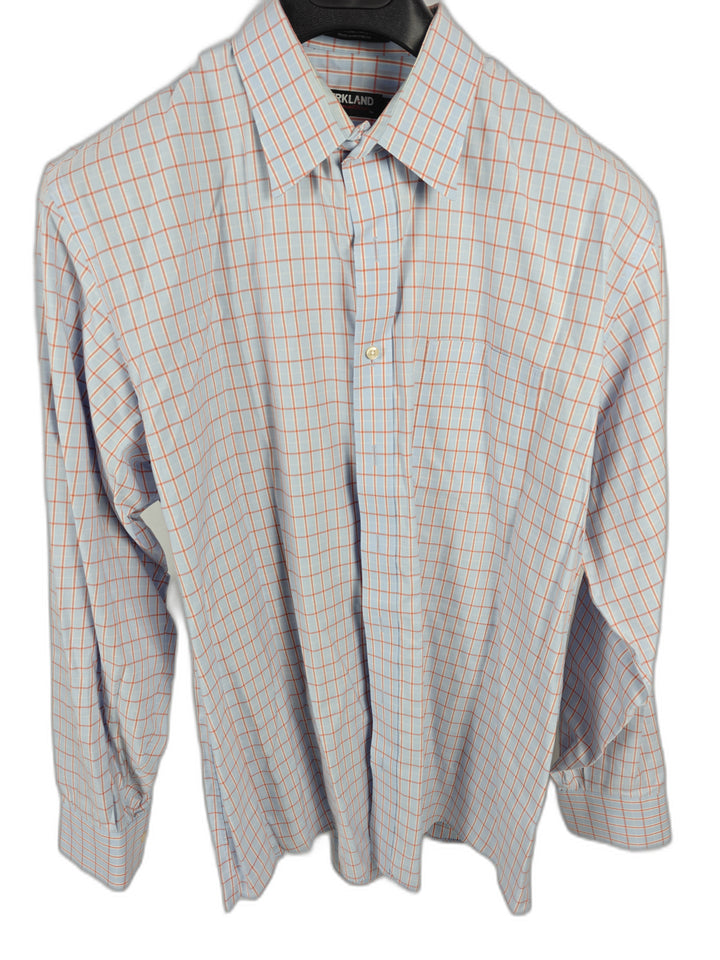 Men’s Kirkland Signature Dress Shirt Blue Orange Plaid Size 17.5 34/35
