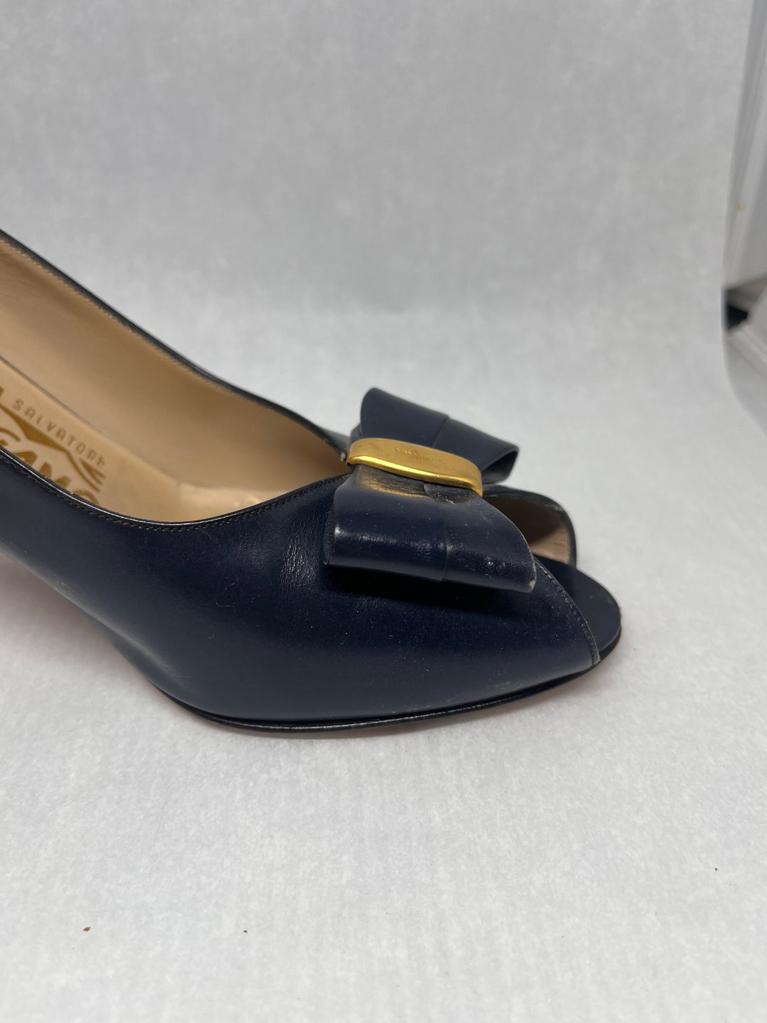 Salvatore Ferragamo Dark Blue Peep Toe Slingback Heels Size 7.5