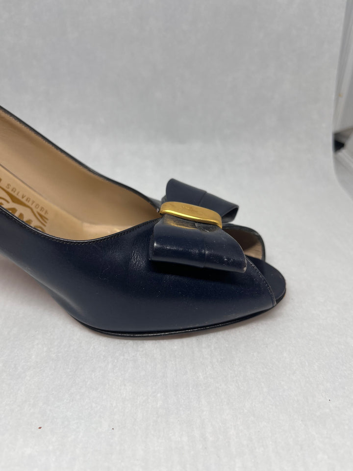 Salvatore Ferragamo Dark Blue Peep Toe Slingback Heels Size 7.5