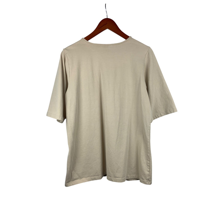 Susan Graver Beige Short Sleeve Top With Embellished V-Neck & Gem Details