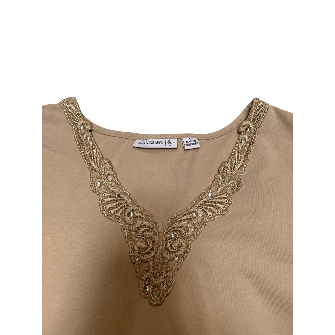 Susan Graver Beige Short Sleeve Top With Embellished V-Neck & Gem Details