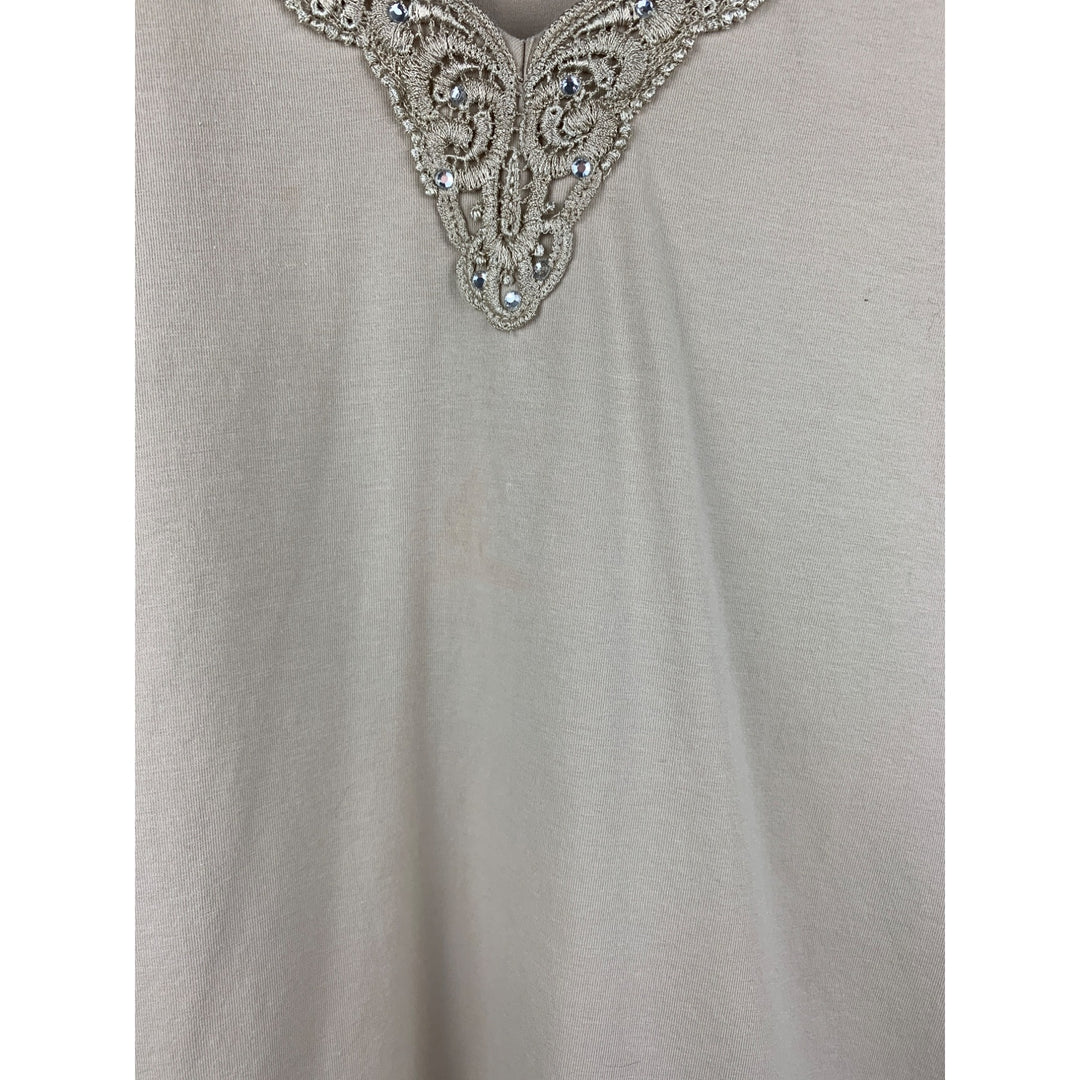 Susan Graver Beige Short Sleeve Top With Embellished V-Neck & Gem Details
