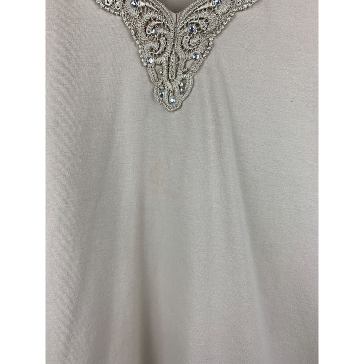 Susan Graver Beige Short Sleeve Top With Embellished V-Neck & Gem Details