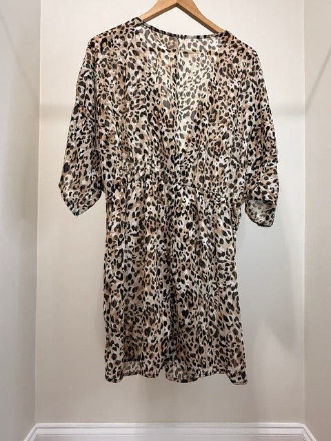 Leopard Print Semi Sheer Swim Cover Up Dress Fits Up to XL