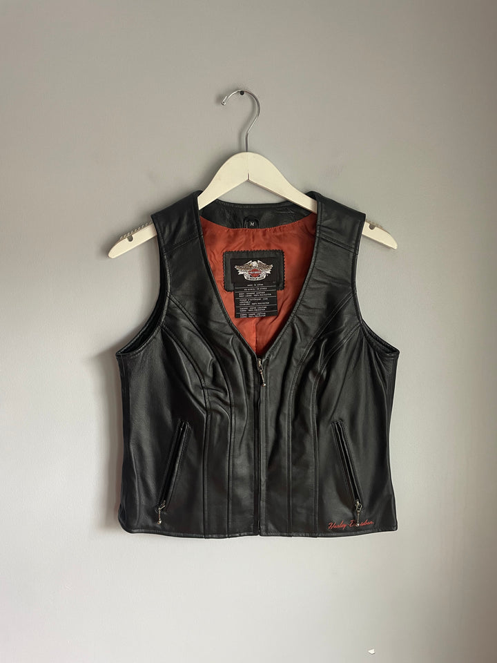 Harley Davidson Womens Black Leather Vest Zip Front Bar Shield Patch Sz M Vintage 2009