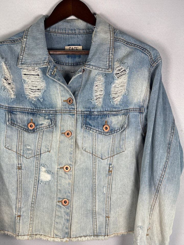 Womens Small Light Wash Blue Denim Jacket With Sequin Lip Back Graphics
