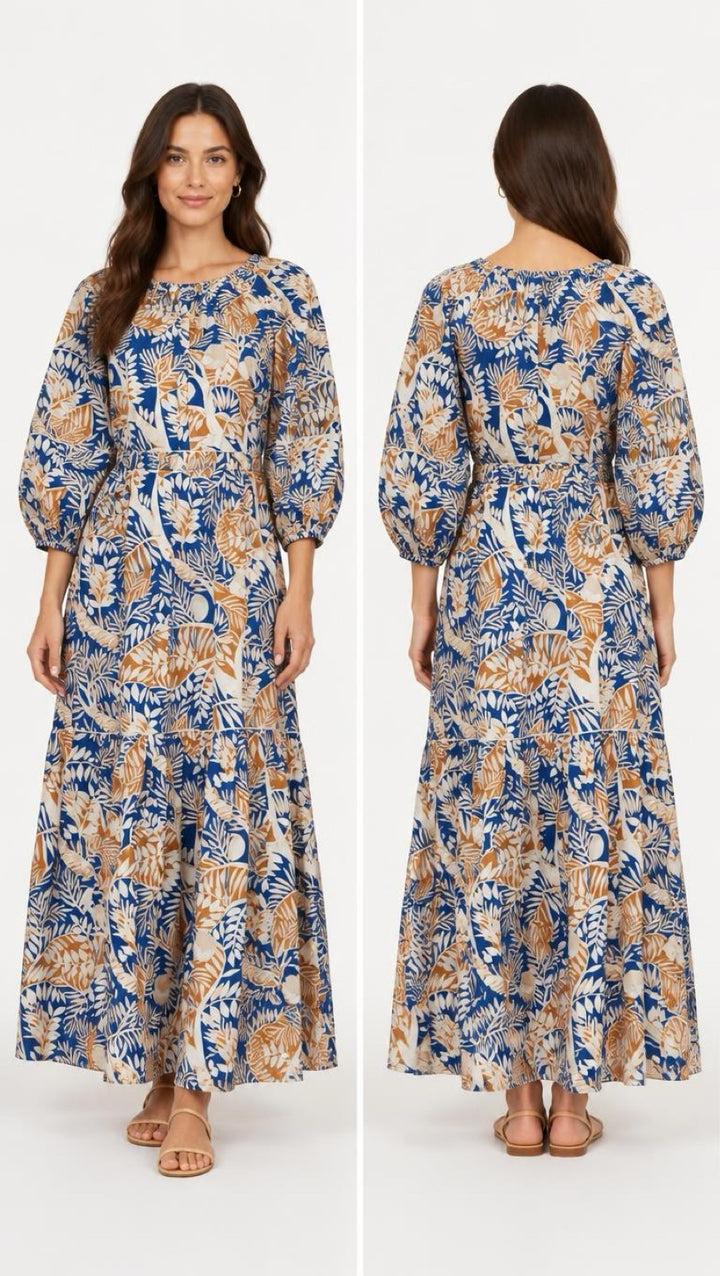Staud Womens Land And Sea Tree Demi Dress Tropical Blue Leaf Print Size S