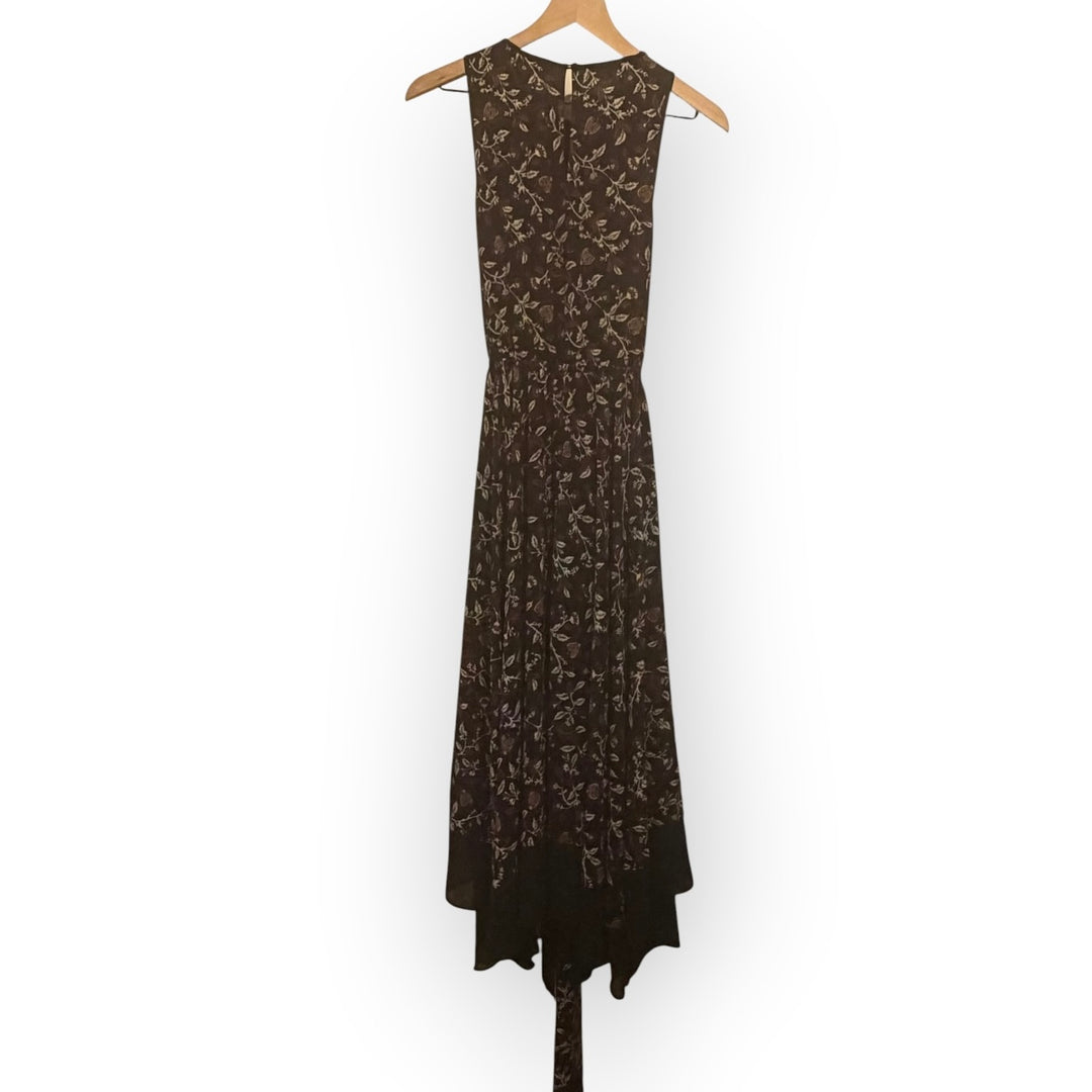 Michael Kors Black Burgundy Floral Maxi Dress S Fringe Tie Dark Academia