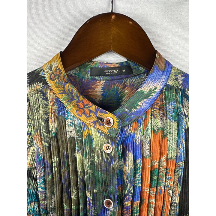 Women’s 100% Silk Etro Floral Pleated Long Sleeve Mini Dress Size L