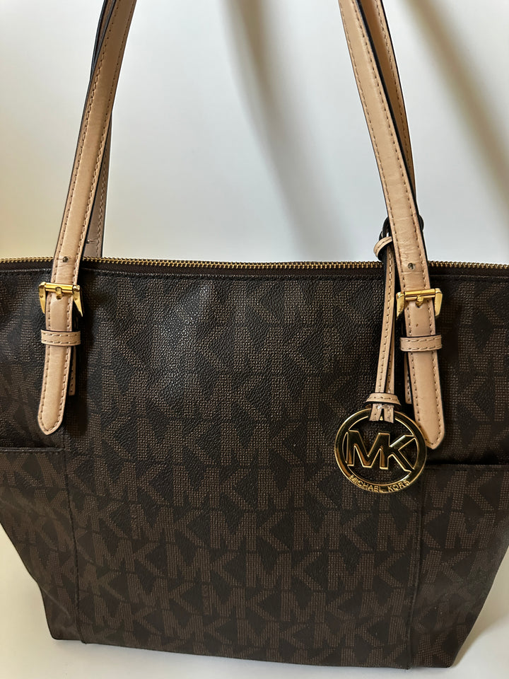Michael Kors Brown MK Signature Logo Tote Bag Tan Straps Gold Charm