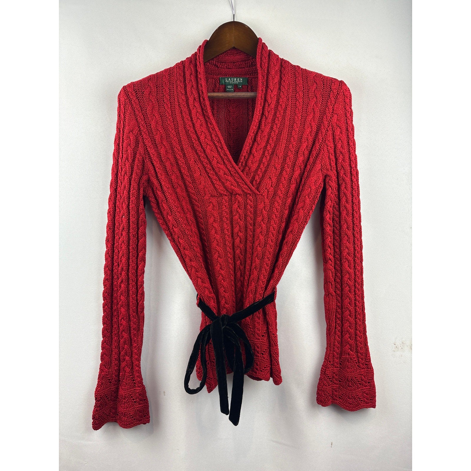 Women’s Green Label Ralph Lauren Petite Medium Red Cable Knit Sweater w/ Black Velvet Belt