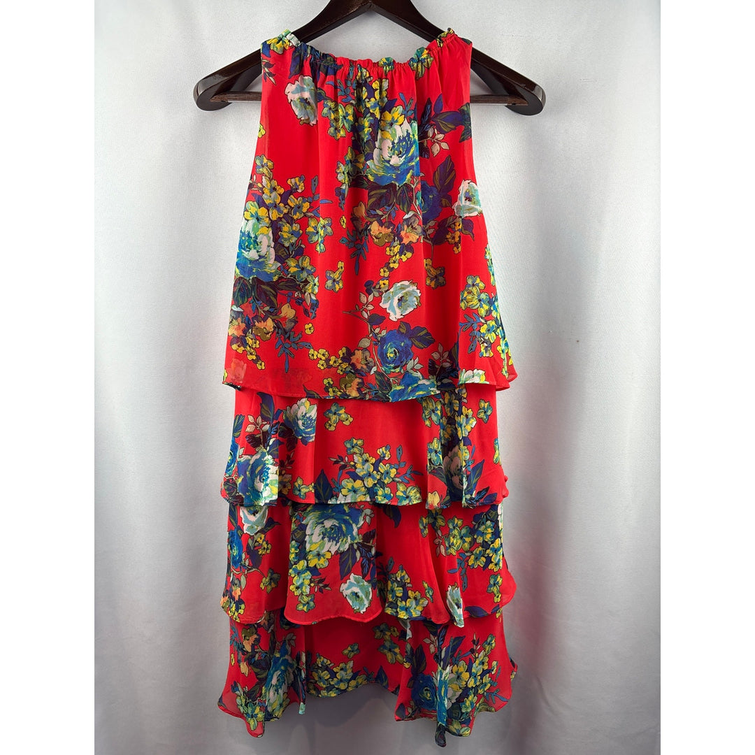 Women’s Chetta B Size 10 Bright Orange Halter Midi Dress w/ Blue Florals