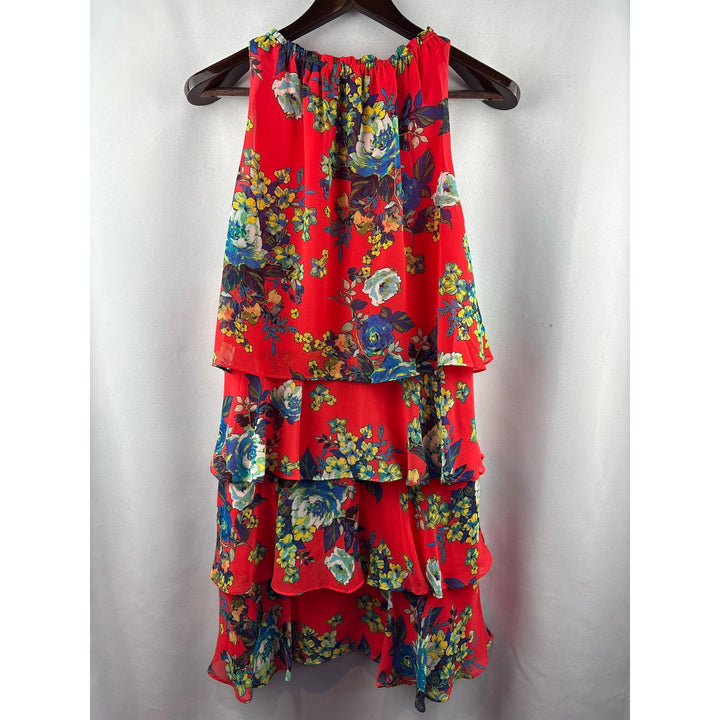 Women’s Chetta B Size 10 Bright Orange Halter Midi Dress w/ Blue Florals
