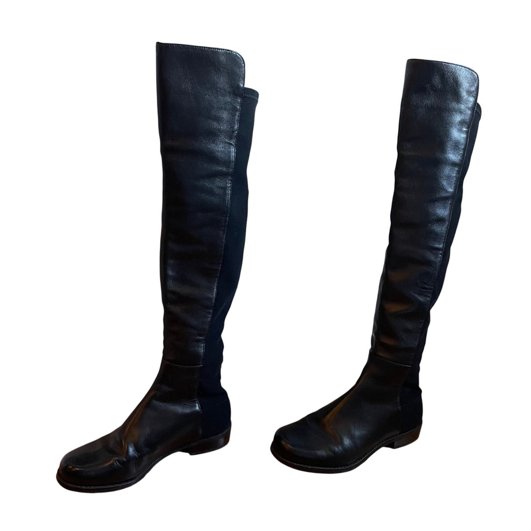 Stuart Weitzman 5050 Black Leather Elastic Back Round Toe Tall Boots EU35.5 US5