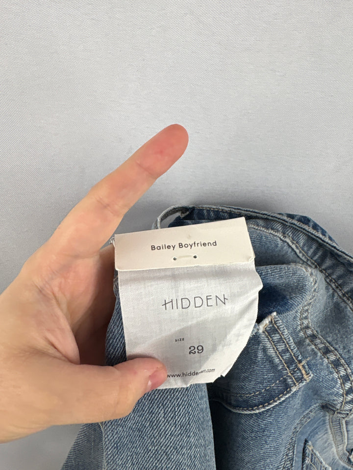 Women’s Hidden Size 29 Blue Distressed Mom Jeans